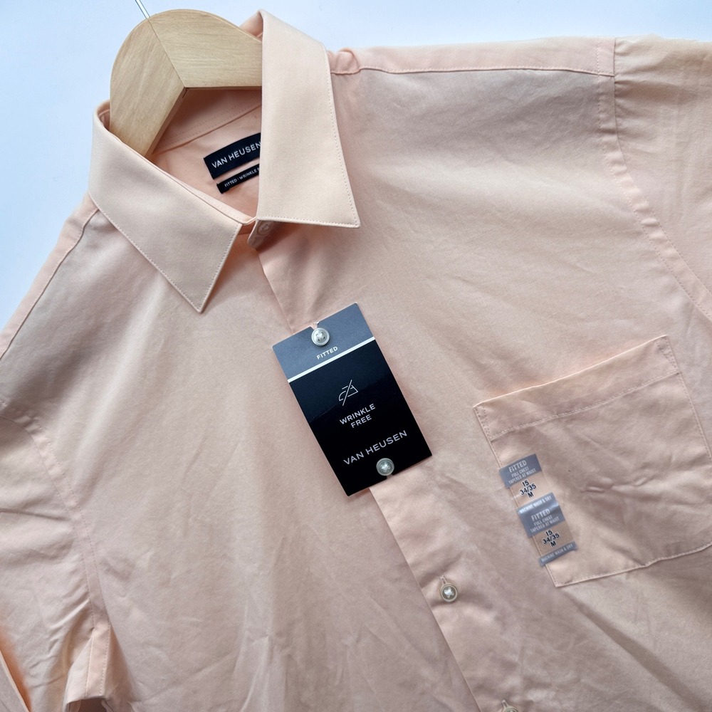 Van Heusen Dress Shirt Mens 15 M 34/35 Scallop Peach Fitted Wrinkle Free